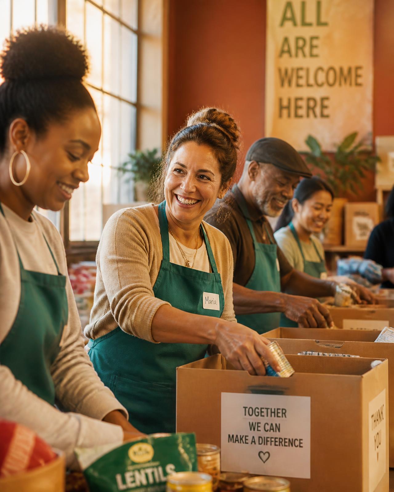Diverse volunteers in teal aprons packing food boxes together in a bright community center
